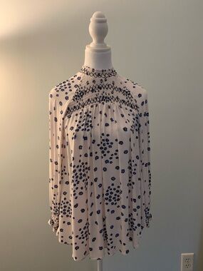 Free People Smocked Floral Print Blouse in Cream and Navy, Size XS